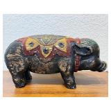 Hand-Carved Painted Wood Pig Figurine with Decorative Motif