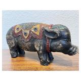 Hand-Carved Painted Wood Pig Figurine with Decorative Motif