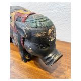 Hand-Carved Painted Wood Pig Figurine with Decorative Motif