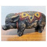 Hand-Carved Painted Wood Pig Figurine with Decorative Motif