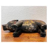Hand-Carved Painted Wood Pig Figurine with Decorative Motif