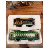 Collection of Vintage Toys and Collectibles Including Tin Wind-Up Donkey Cart, Gumby Figures, Model Trolley Cars