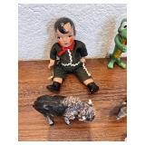 Collection of Vintage Toys and Collectibles Including Tin Wind-Up Donkey Cart, Gumby Figures, Model Trolley Cars