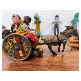 Collection of Vintage Toys and Collectibles Including Tin Wind-Up Donkey Cart, Gumby Figures, Model Trolley Cars