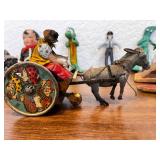 Collection of Vintage Toys and Collectibles Including Tin Wind-Up Donkey Cart, Gumby Figures, Model Trolley Cars