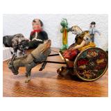 Collection of Vintage Toys and Collectibles Including Tin Wind-Up Donkey Cart, Gumby Figures, Model Trolley Cars