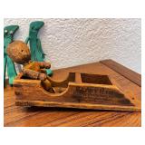 Collection of Vintage Toys and Collectibles Including Tin Wind-Up Donkey Cart, Gumby Figures, Model Trolley Cars