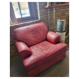 Red Leather Armchair with Wide Seat and Padded Arms