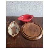 Frankoma Pottery Leaf Dish, Red Fiesta Mini Baker, and Wood Trivet Set