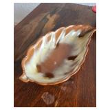 Frankoma Pottery Leaf Dish, Red Fiesta Mini Baker, and Wood Trivet Set