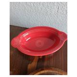 Frankoma Pottery Leaf Dish, Red Fiesta Mini Baker, and Wood Trivet Set