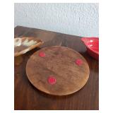 Frankoma Pottery Leaf Dish, Red Fiesta Mini Baker, and Wood Trivet Set