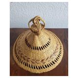 Handwoven Straw Basket Cover with Handle, 12 Inch Diameter