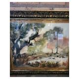 Framed Landscape Watercolor Painting with Ducks 30x27 Inch