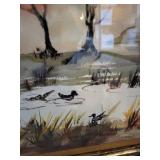 Framed Landscape Watercolor Painting with Ducks 30x27 Inch