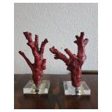 Pair of Red Coral Decorative Sculptures on Glass Bases