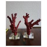 Pair of Red Coral Decorative Sculptures on Glass Bases