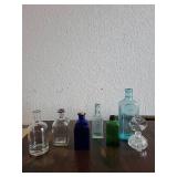 Collection of 6 Vintage Glass Bottles Including Perfume and Apothecary Bottles