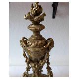 Pair of Ornate Vintage Brass Mantel Urns with Floral Motif