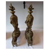 Pair of Ornate Vintage Brass Mantel Urns with Floral Motif