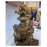 Pair of Ornate Vintage Brass Mantel Urns with Floral Motif