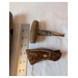 Vintage Wooden Tool and Decor Collection with Level, Sorting Tray, and Carved Box