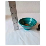 Small Turquoise Ceramic Bowl with 2 Carved Stone Dog Figurines