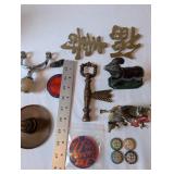 Eclectic Vintage Collectibles Lot with Figurines, Brass Signs, and Tokens