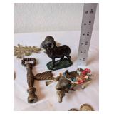 Eclectic Vintage Collectibles Lot with Figurines, Brass Signs, and Tokens