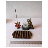 Antique Cast Iron Griswold Corn Stick Pan, Brass Dog Inkwell, and Vintage Toy Spinner Trio