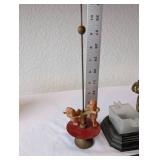 Antique Cast Iron Griswold Corn Stick Pan, Brass Dog Inkwell, and Vintage Toy Spinner Trio