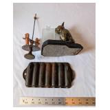 Antique Cast Iron Griswold Corn Stick Pan, Brass Dog Inkwell, and Vintage Toy Spinner Trio
