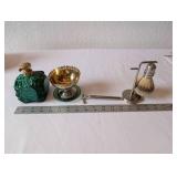 Vintage Menâs Shaving Set with Green Glass Bottle, Brass Dish, Razor, and Brush
