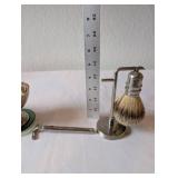 Vintage Menâs Shaving Set with Green Glass Bottle, Brass Dish, Razor, and Brush