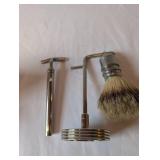 Vintage Menâs Shaving Set with Green Glass Bottle, Brass Dish, Razor, and Brush
