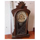 Antique F.L. Archambault Walnut Mantel Clock with Etched Glass Door
