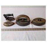 Collection of 4 Antique Cast Iron Sad Irons Assorted Brands