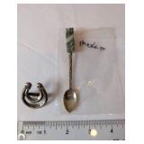 Mexican Silver Souvenir Spoon with Onyx Handle and Decorative Silver Horseshoe Brooch