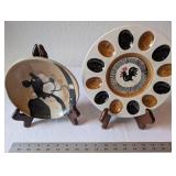 Set of 2 Vintage Ceramic Dishes - Rooster Deviled Egg Plate and Cartoon Dog Bowl