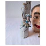 Vintage Collectibles Lot: Porcelain Ballerina Bottle, Ventriloquist Dummy Head, Mini Metal Wagon