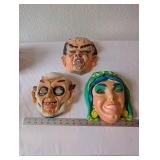 Set of 3 Vintage Plastic Halloween Masks - Monster, Witch, and Old Man