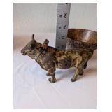 Antique Cast Metal Oxen Figures and Textured Metal Bowl Set