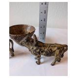 Antique Cast Metal Oxen Figures and Textured Metal Bowl Set