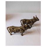Antique Cast Metal Oxen Figures and Textured Metal Bowl Set
