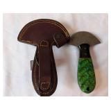 Ulu Chopper Knife with Green Handle and Leather Sheath