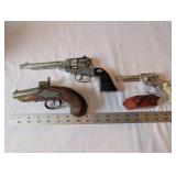 Set of 3 Vintage Toy Cap Guns and Cast Iron Miniature Flat Iron