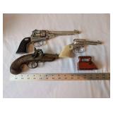 Set of 3 Vintage Toy Cap Guns and Cast Iron Miniature Flat Iron