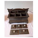 Antique Wooden Divided Box with Lids and Ornate Handle