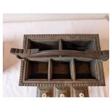Antique Wooden Divided Box with Lids and Ornate Handle