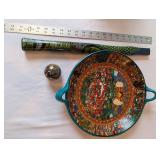 Decorative Hand-Painted Bowl, Painted Folk Flute, and Mineral Sphere Set